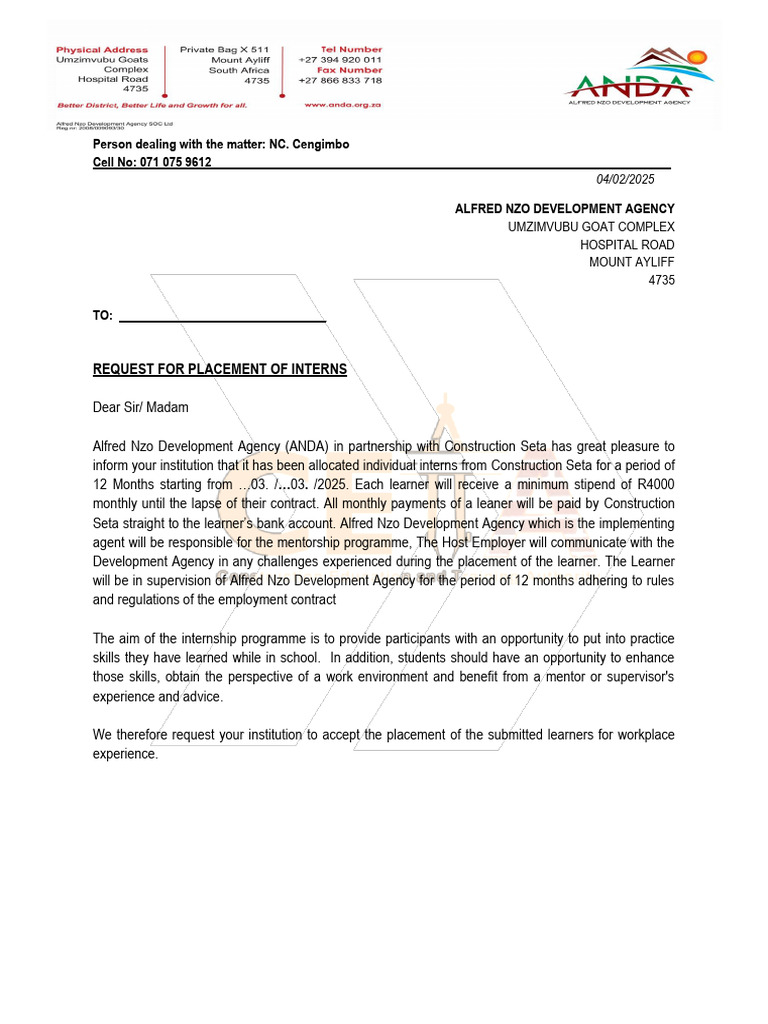 Internship Placement Request Letter | PDF
