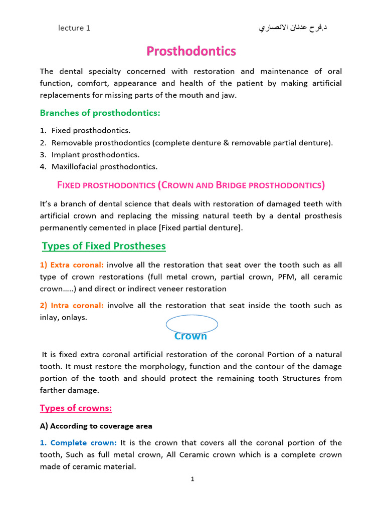Overview of Fixed Prosthodontics | PDF | Dental Implant | Prosthodontics
