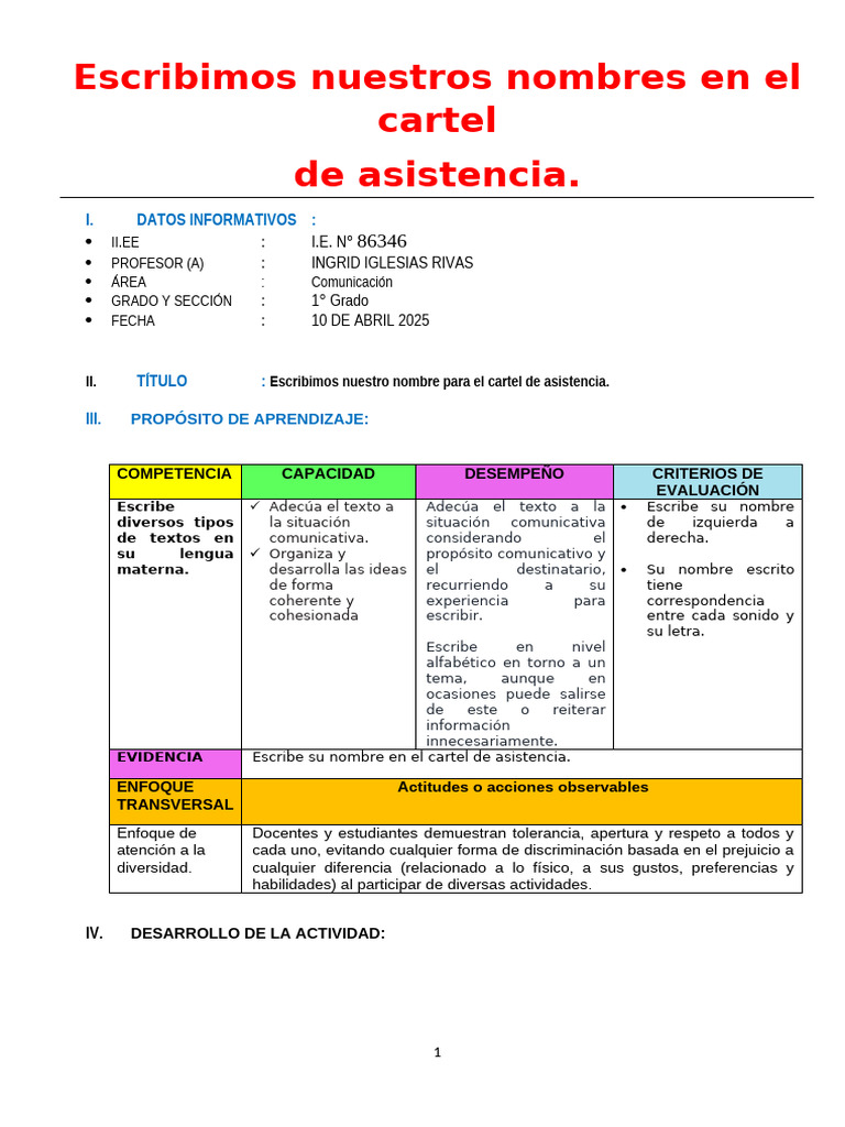 Escribimos nombres en asistencia escolar | PDF
