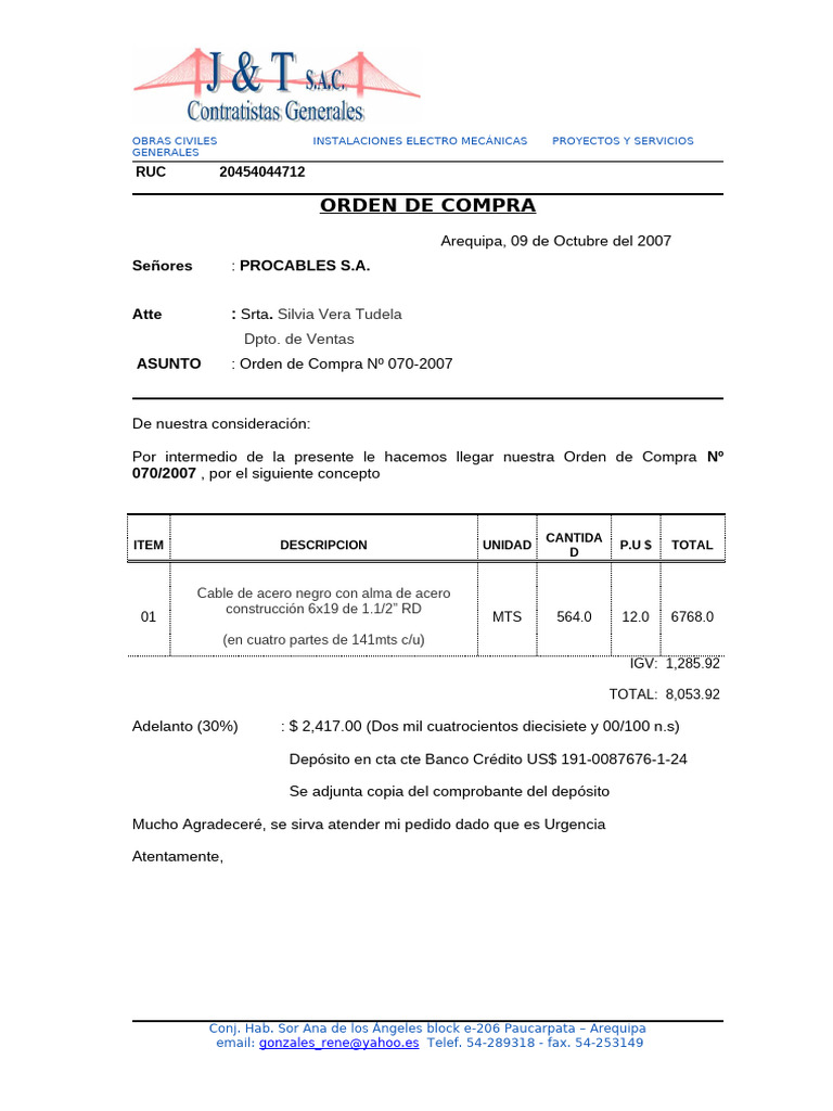 Orden de Compra de Cable de Acero | PDF