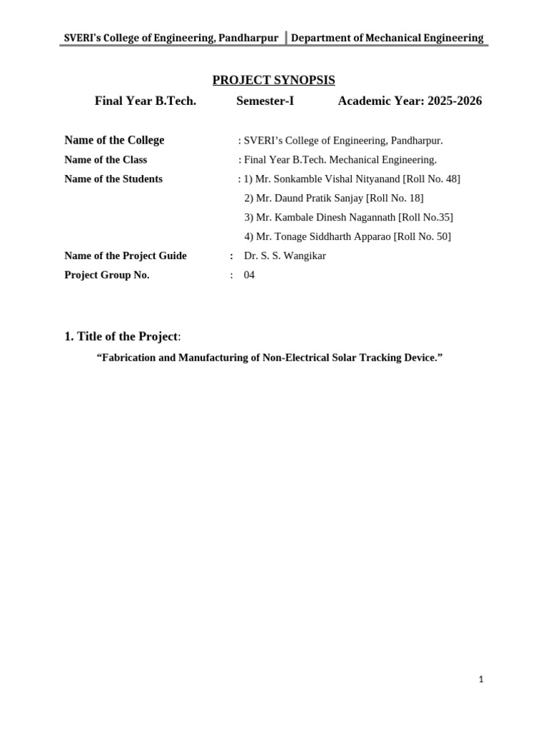 Synopsis Final | PDF | Solar Panel | Photovoltaics