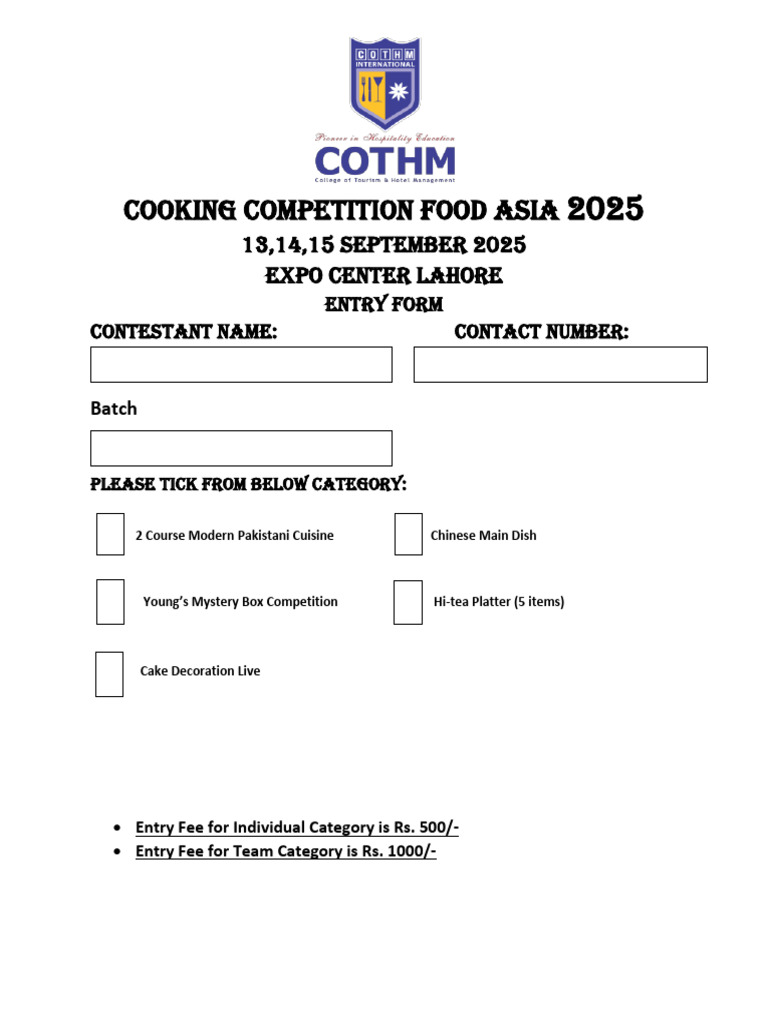 Cooking Competition Entry Form 2025 | PDF