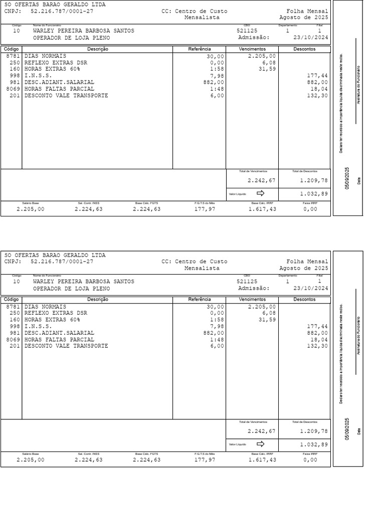 Recibo de Salário: Operador de Loja | PDF | Expediente | Ética de negócios