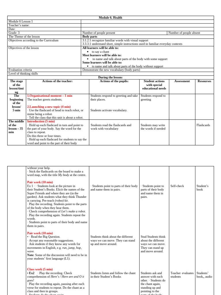 Module 6. Health (Lesson Plans) | PDF | Curriculum | Vocabulary