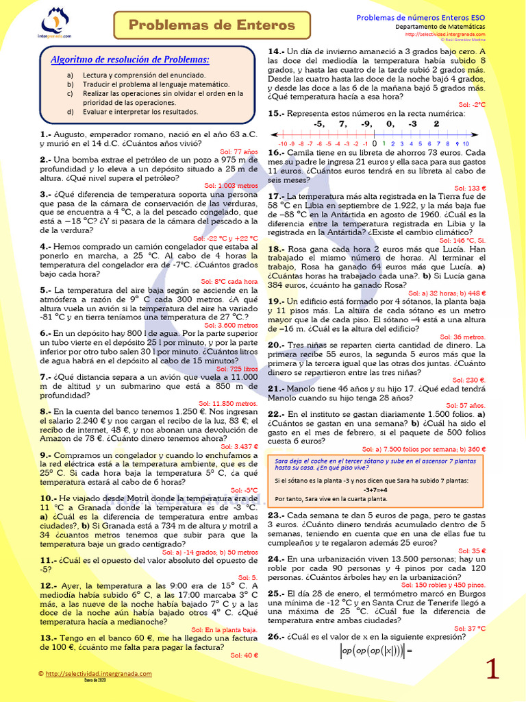 Problemas de Números Enteros ESO | PDF | Temperatura | Fenomeno fisico