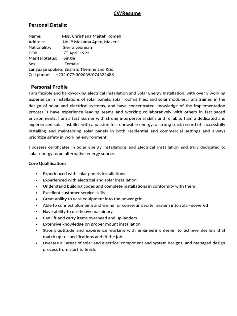 Solar Installer CV for Christiana Komeh | PDF | Solar Panel | Solar Power