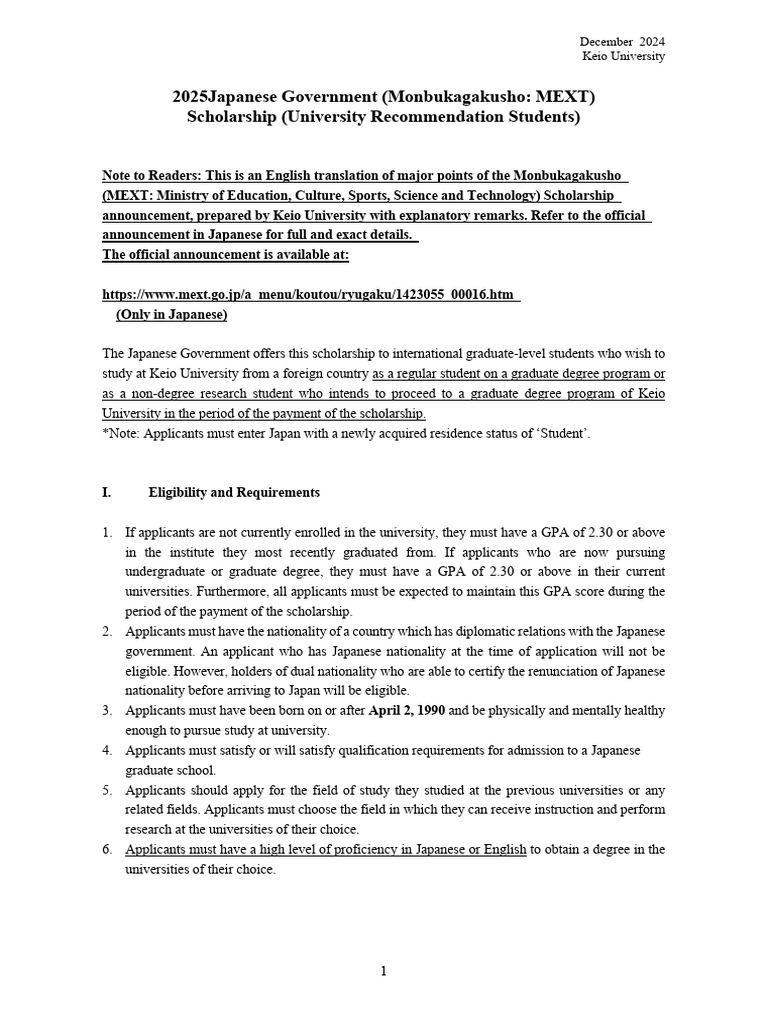 Keio University MEXT Scholarship Guide | PDF | Academic Degree