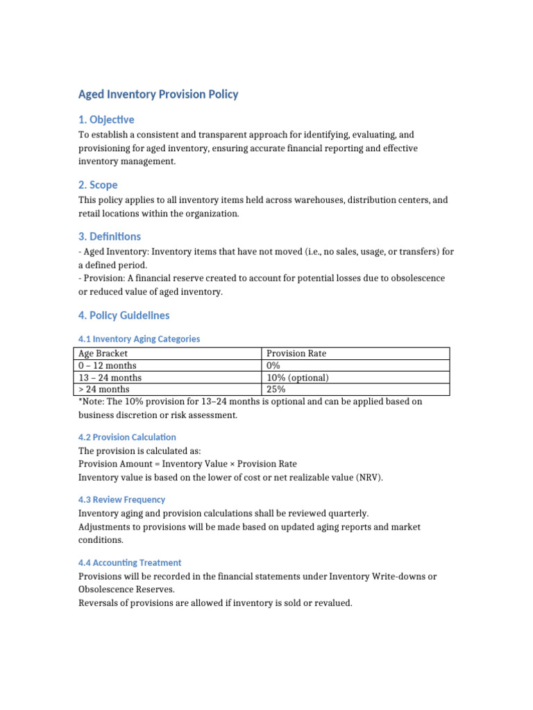 Aged Inventory Provision Policy | PDF