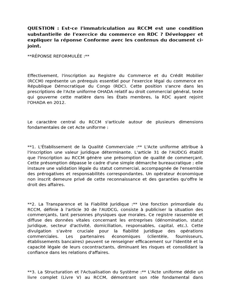 Immatriculation RCCM : Clé du Commerce RDC | PDF | Commerce | Économie
