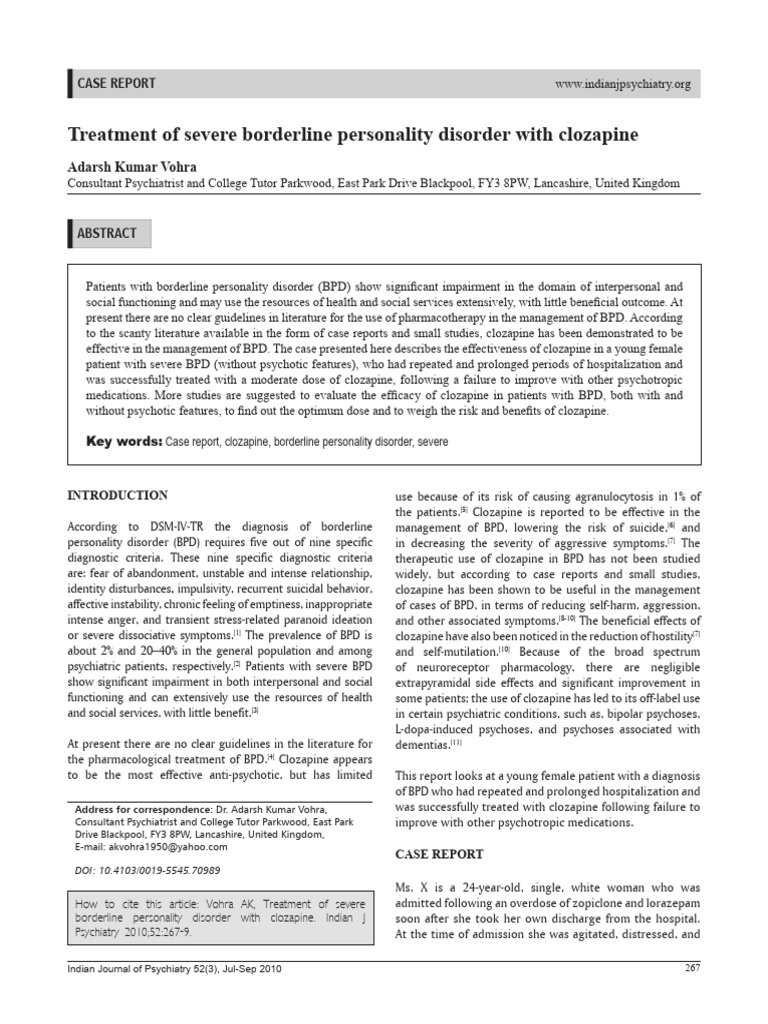Clozapine for Severe Borderline Personality Disorder | PDF | Borderline ...