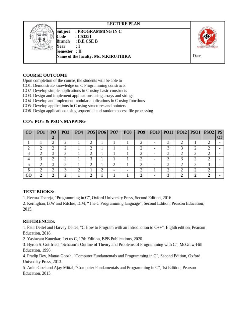 C Programming Lecture Plan CS3251 | PDF | Pointer (Computer Programming ...
