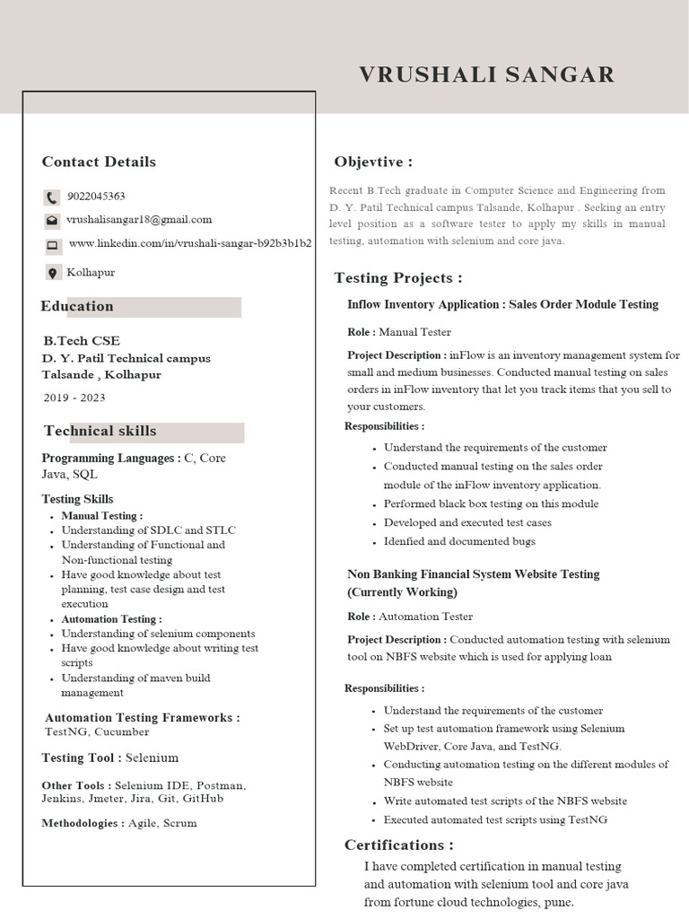 Software Tester Resume: Manual & Automation Skills | PDF | Selenium ...