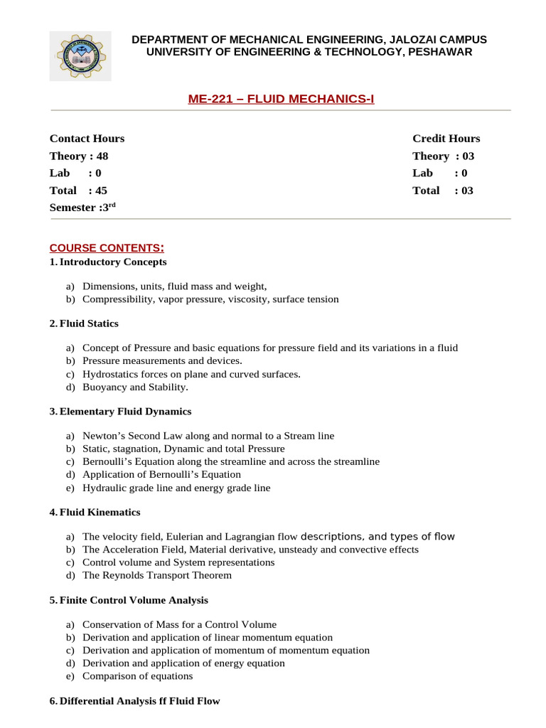 Fluid Mechanics I Course Overview | PDF | Fluid Dynamics | Pressure