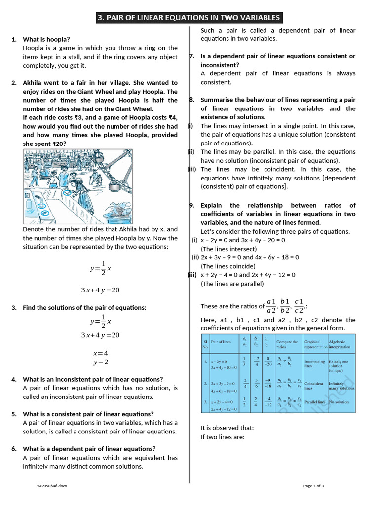 Pair of Linear Equations in Two Variables | PDF | System Of Linear ...