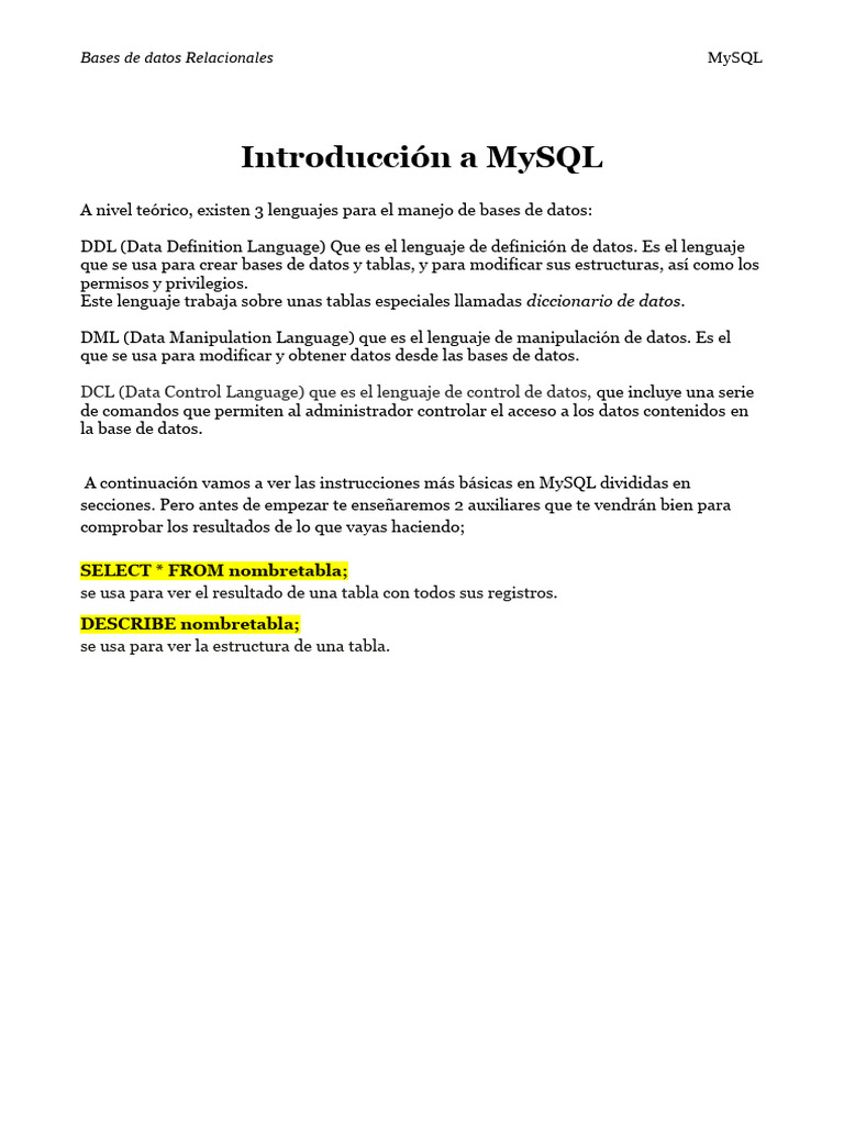 Introducción a MySQL y Bases de Datos | PDF | SQL | Bases de datos