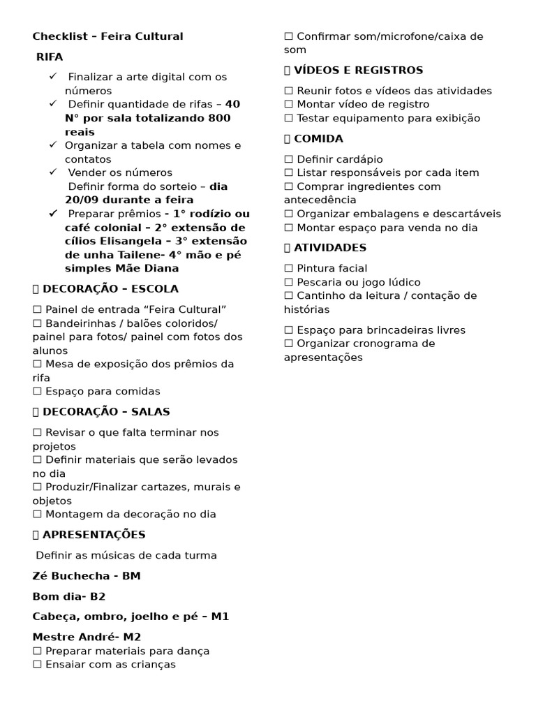 Checklist Feira Cultural | PDF