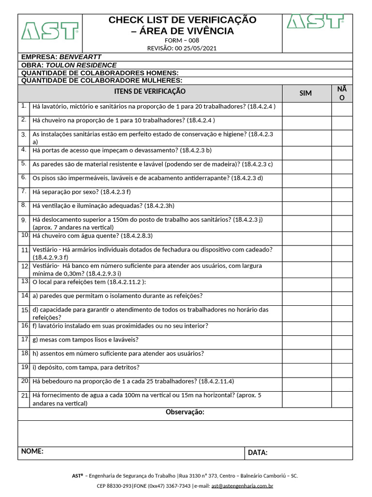 Form 008 - Check List Área de Vivência | PDF