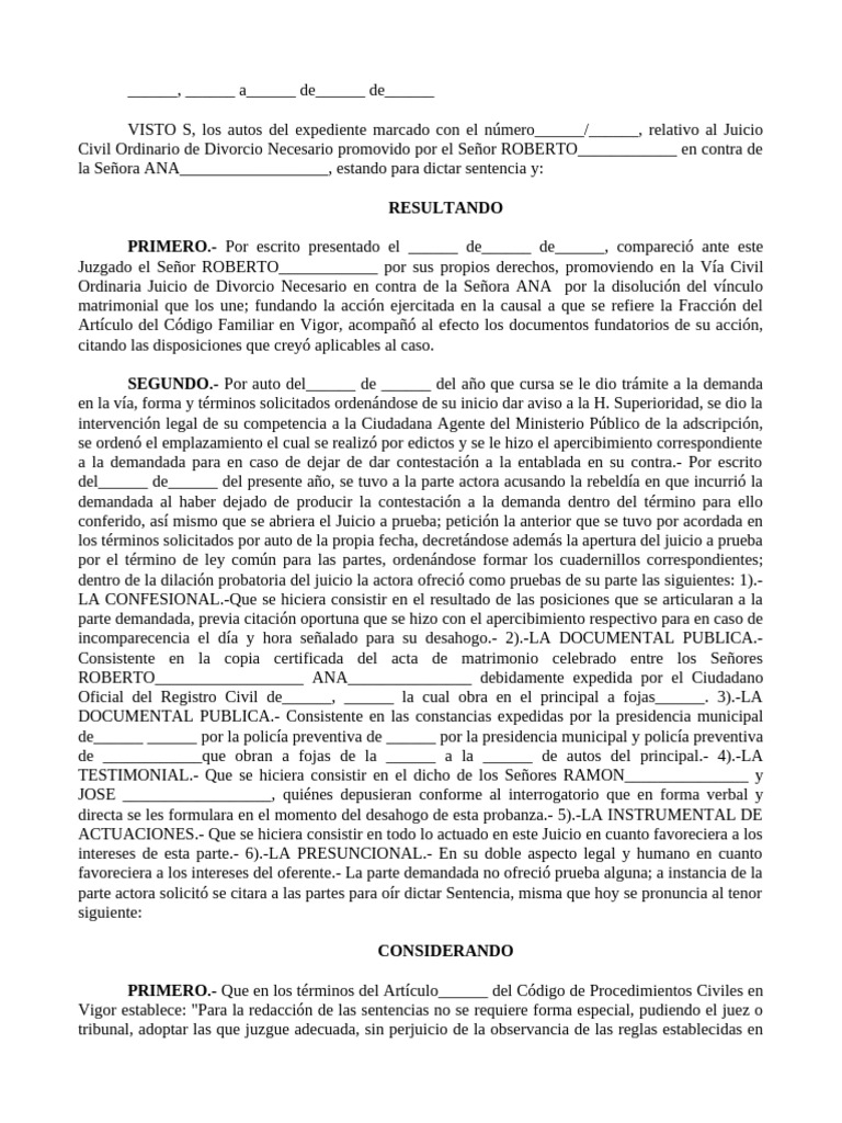 Sentencia de Divorcio Necesario en Juicio Civil | PDF | Divorcio ...