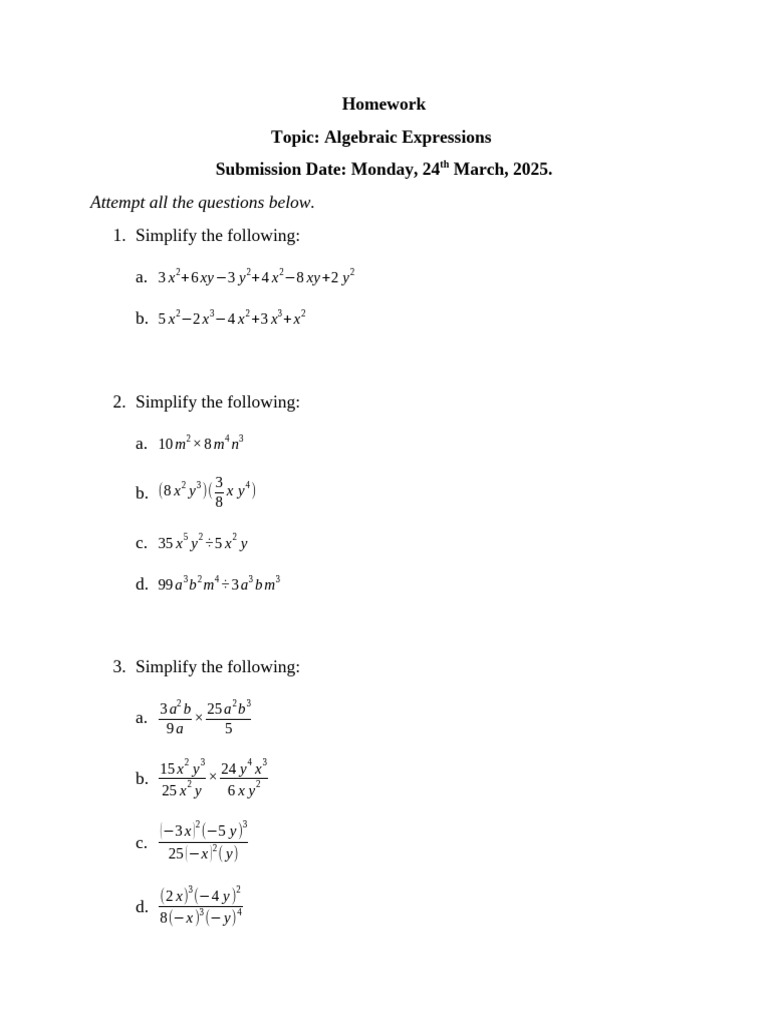Algebraic Expressions Homework Guide | PDF