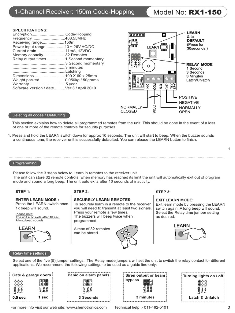 Sherlotronics RX1-150 Receiver Manual | PDF | Relay | Telecommunications