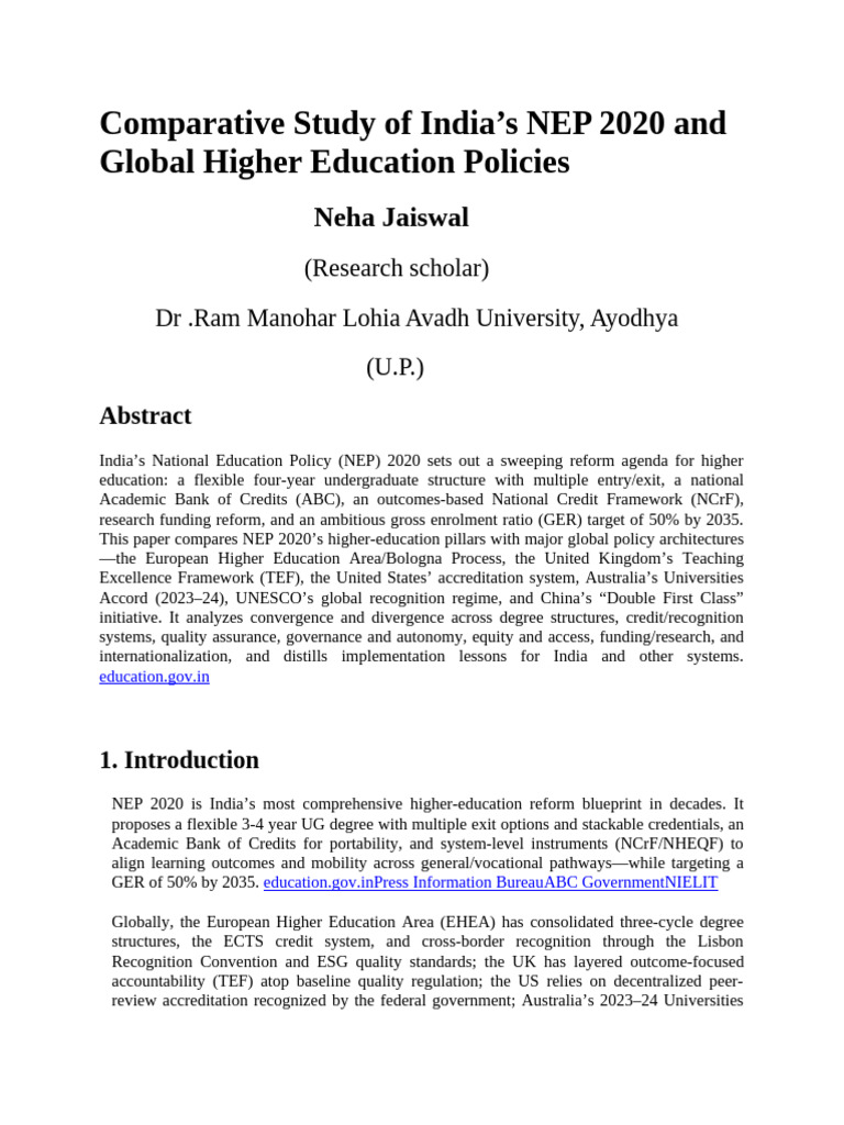 NEP 2020 vs Global Higher Education Policies | PDF | Academic Degree ...