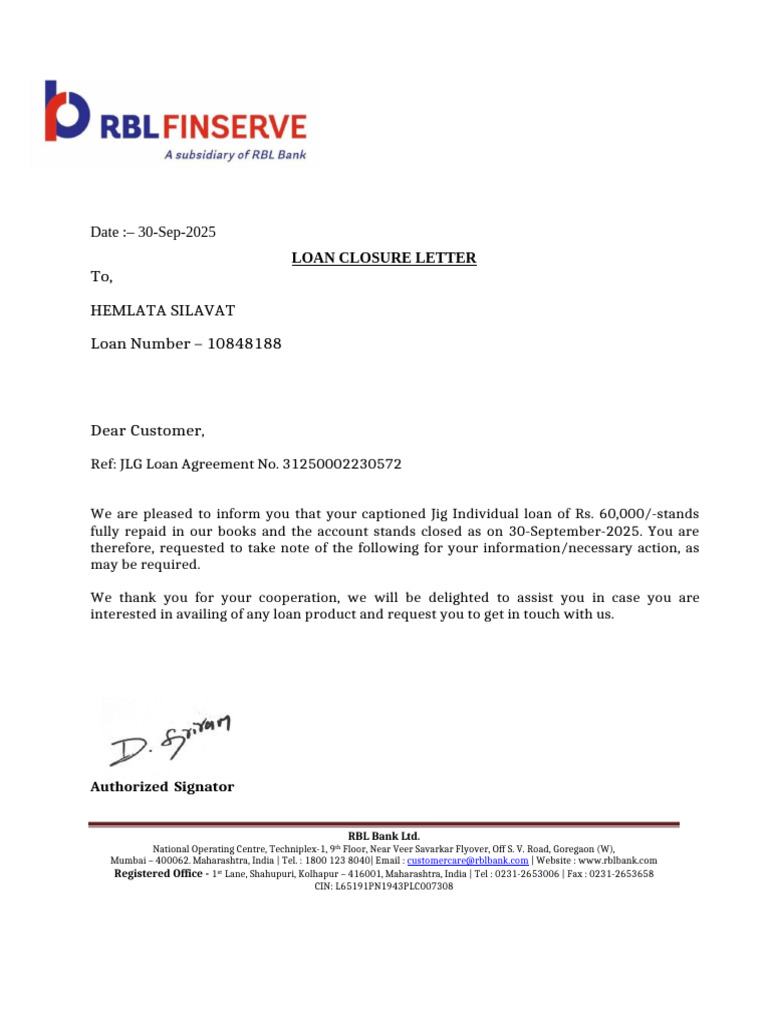 RBL Loan Closure Confirmation Letter | PDF