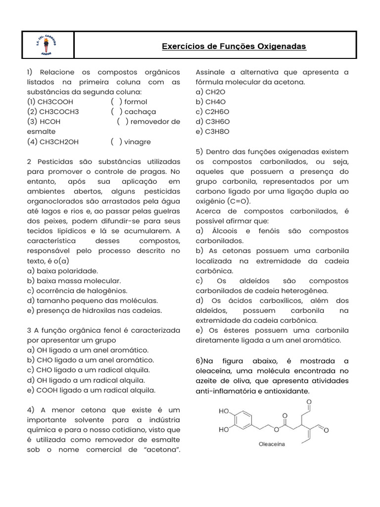 Exercícios sobre Funções Oxigenadas | PDF | Aldeído | Cetona