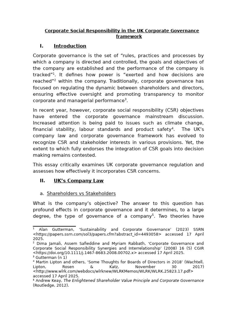 UK Corporate Governance and CSR Integration | PDF | Corporate ...