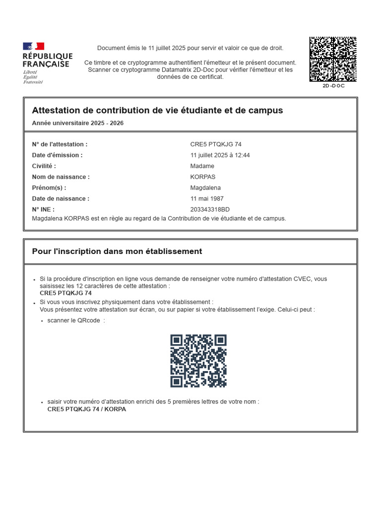 Attestation CVEC 2025-2026 KORPAS | PDF