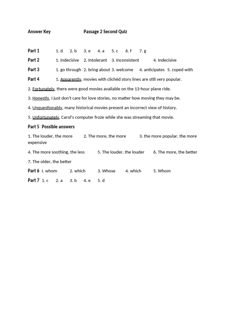 Answer Key Passage 2 Second Quiz | PDF