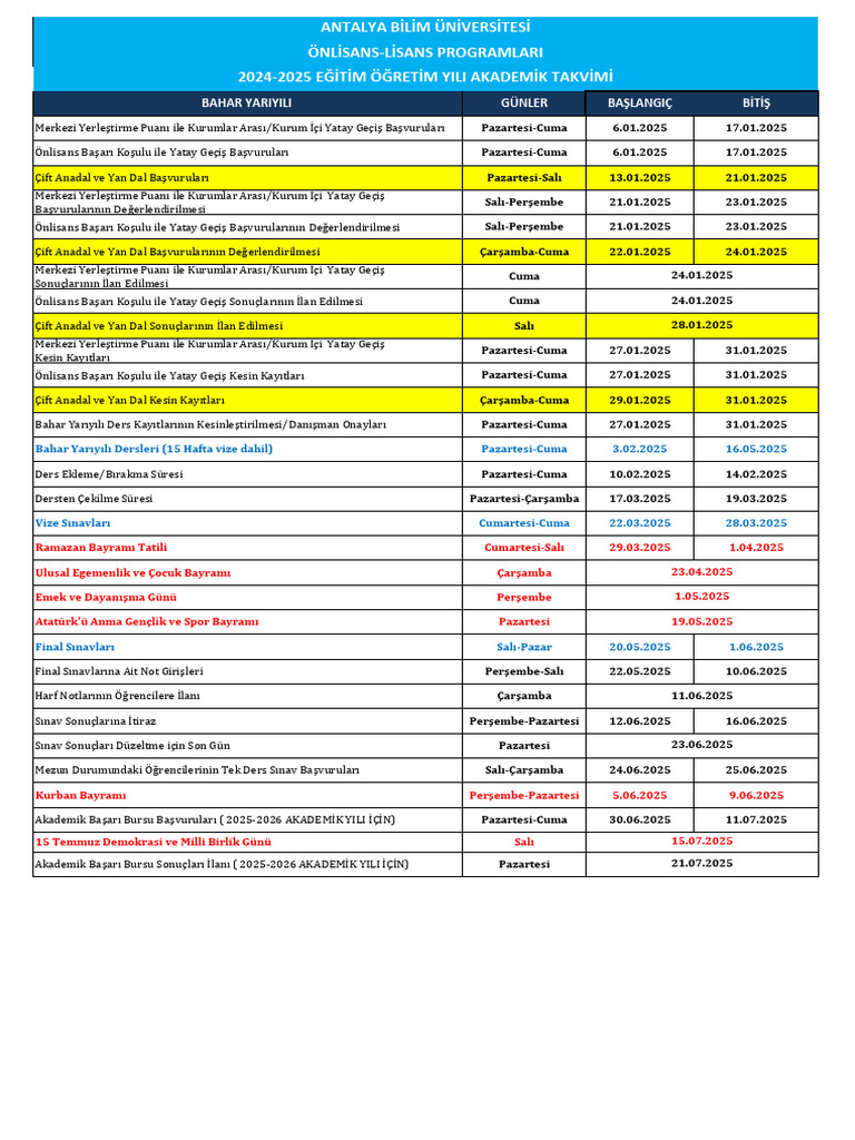 2024 2025 Bahar TR Academic Calendar | PDF