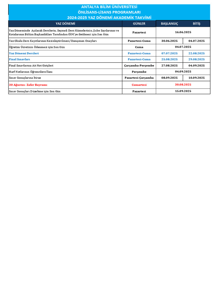 2024 2025 Yaz TR Academic Calendar | PDF