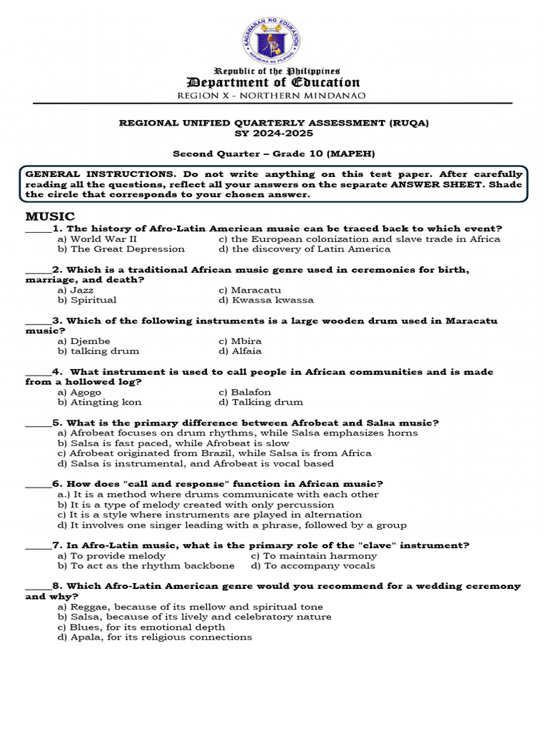 Grade 10 MAPEH RUQA Assessment 2024 | PDF | Volleyball | Pitcher