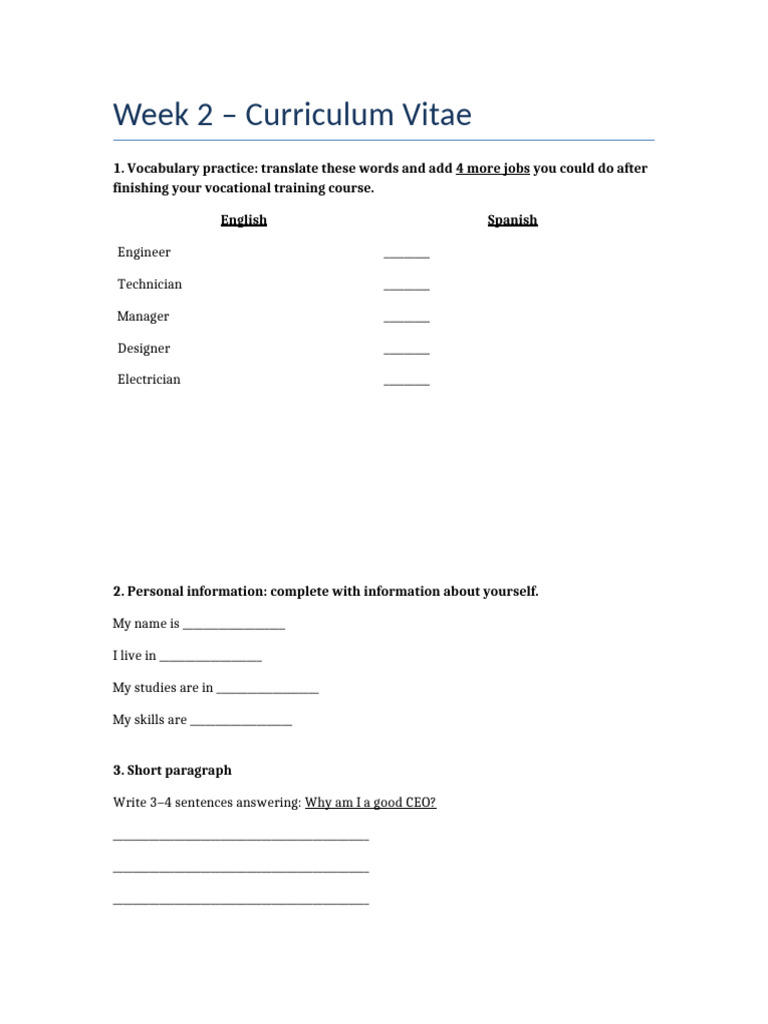 Worksheet 2 CV | PDF