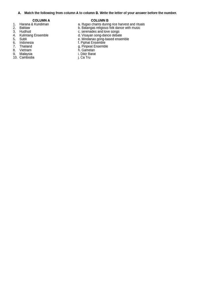 Match The Following From Column A To Column B | PDF
