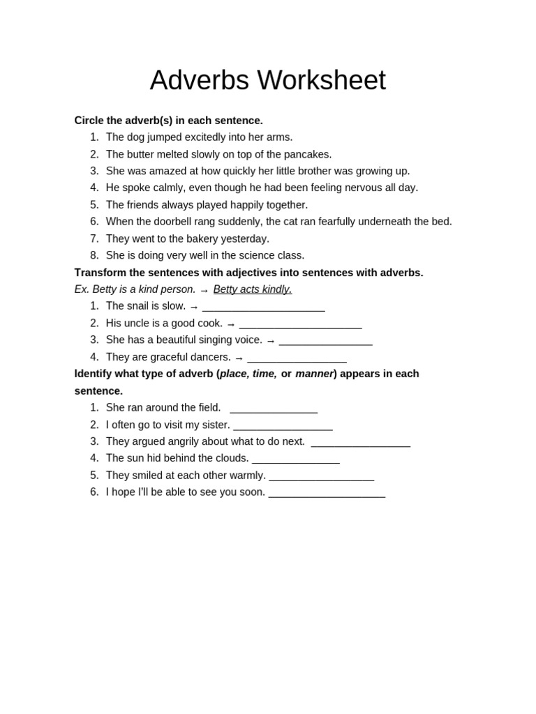 Adverbs Worksheet for Students | PDF