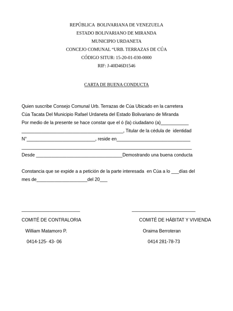 Carta de Buena Conducta en Cúa | PDF