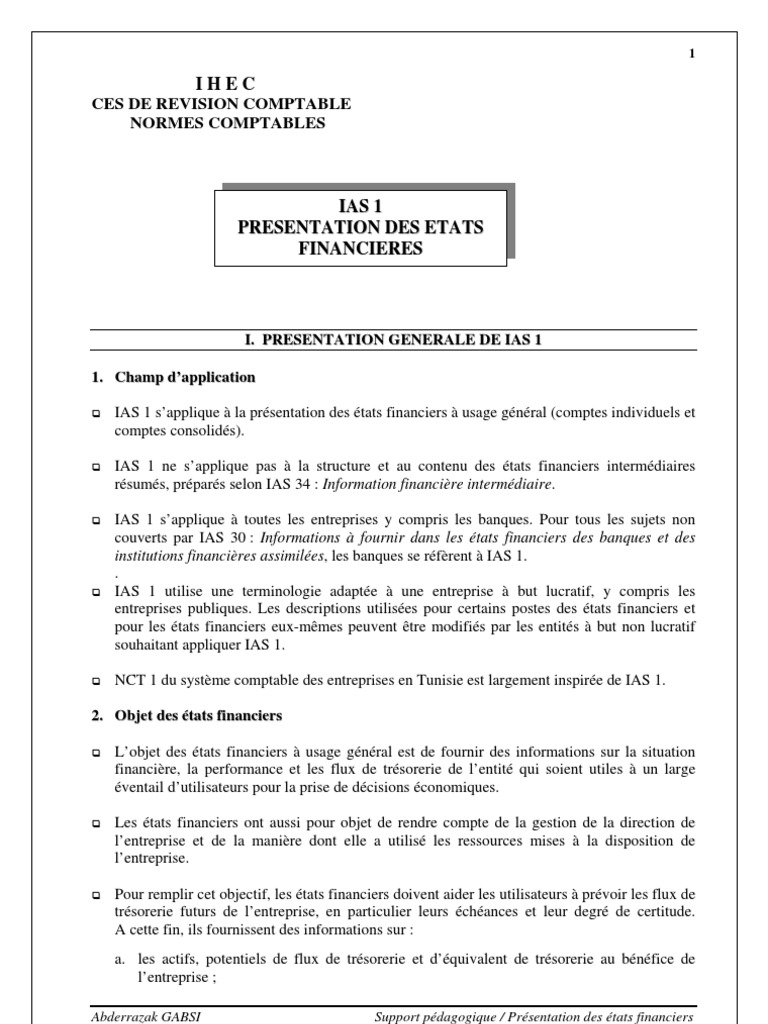 Présentation des états financiers selon IAS 1 | PDF | Finance et ...