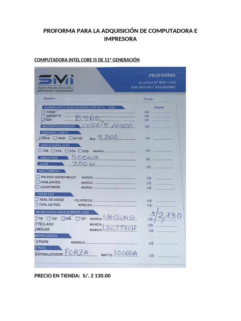 Proforma para La Adquisición de Computadora e Impresora | PDF