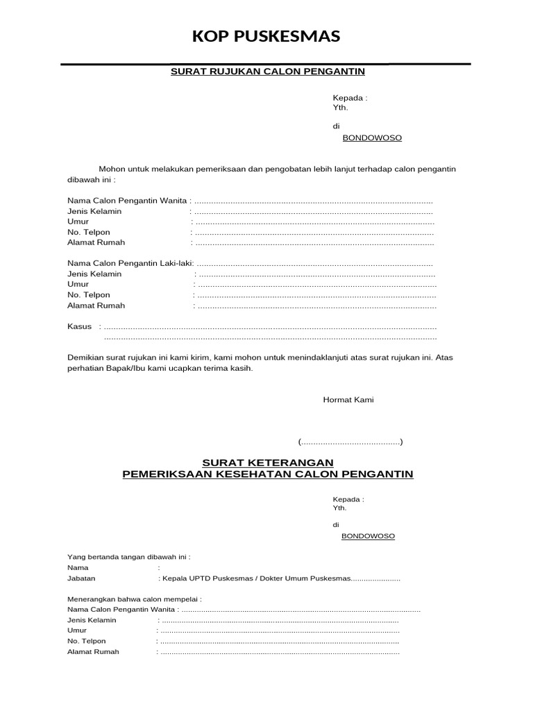 Surat Rujukan dan Keterangan Kesehatan Calon Pengantin | PDF