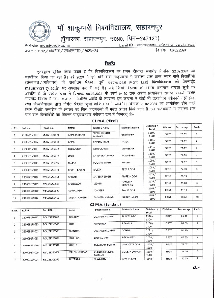 MSU Provisional Merit List 2023-24 | PDF