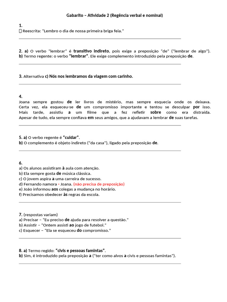 Gabarito de Regência Verbal e Nominal | PDF