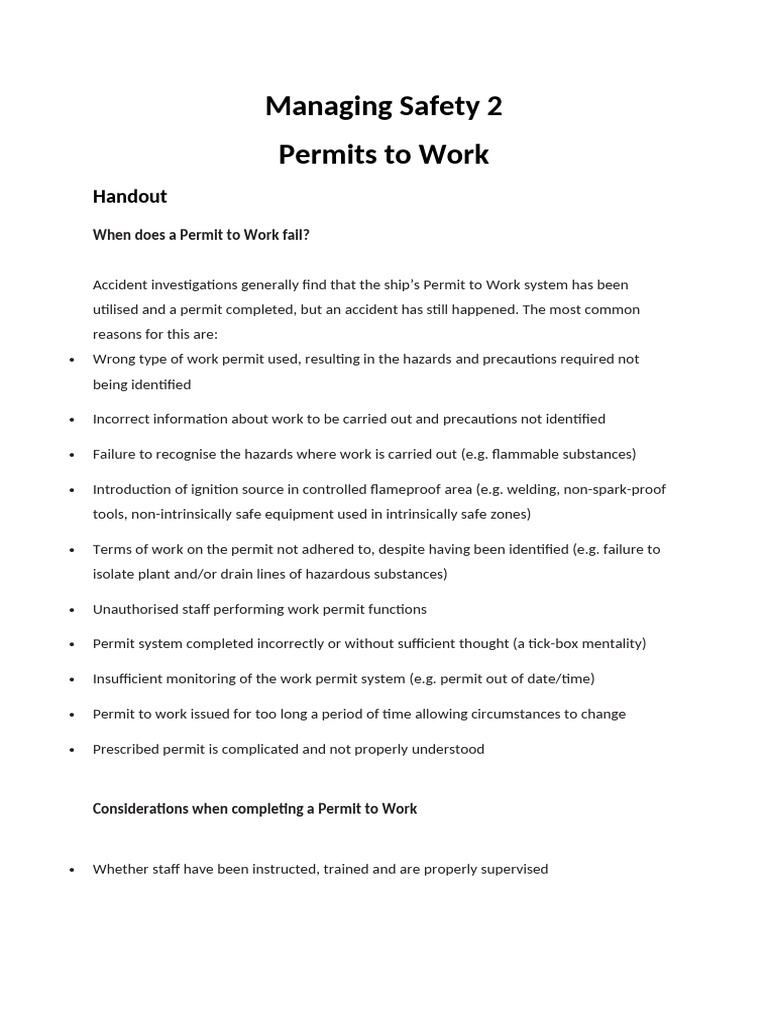 Permits To Work Handout | PDF | Working Conditions | Workplace