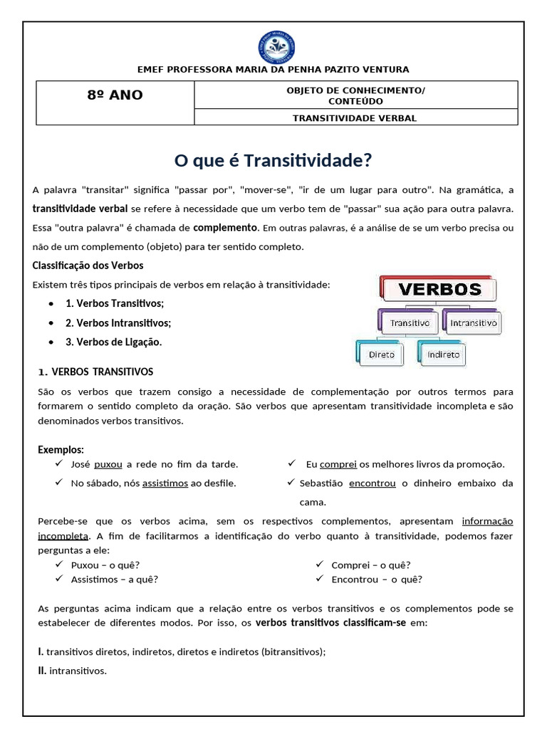 Tipos de Transitividade Verbal | PDF | Objeto (gramática) | Linguística