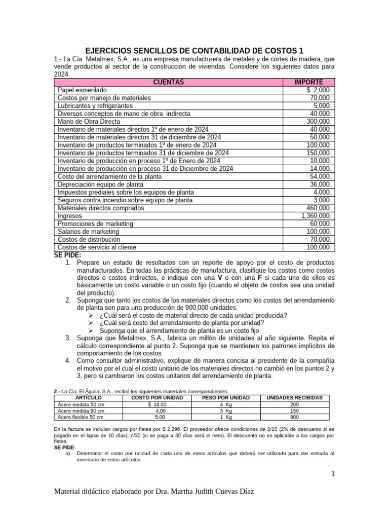 Ejercicios de Contabilidad de Costos 2024 | PDF | Economias | Negocios ...