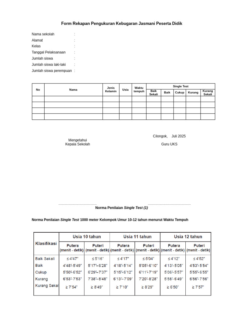 Rekapan Pengukuran Kebugaran Siswa | PDF