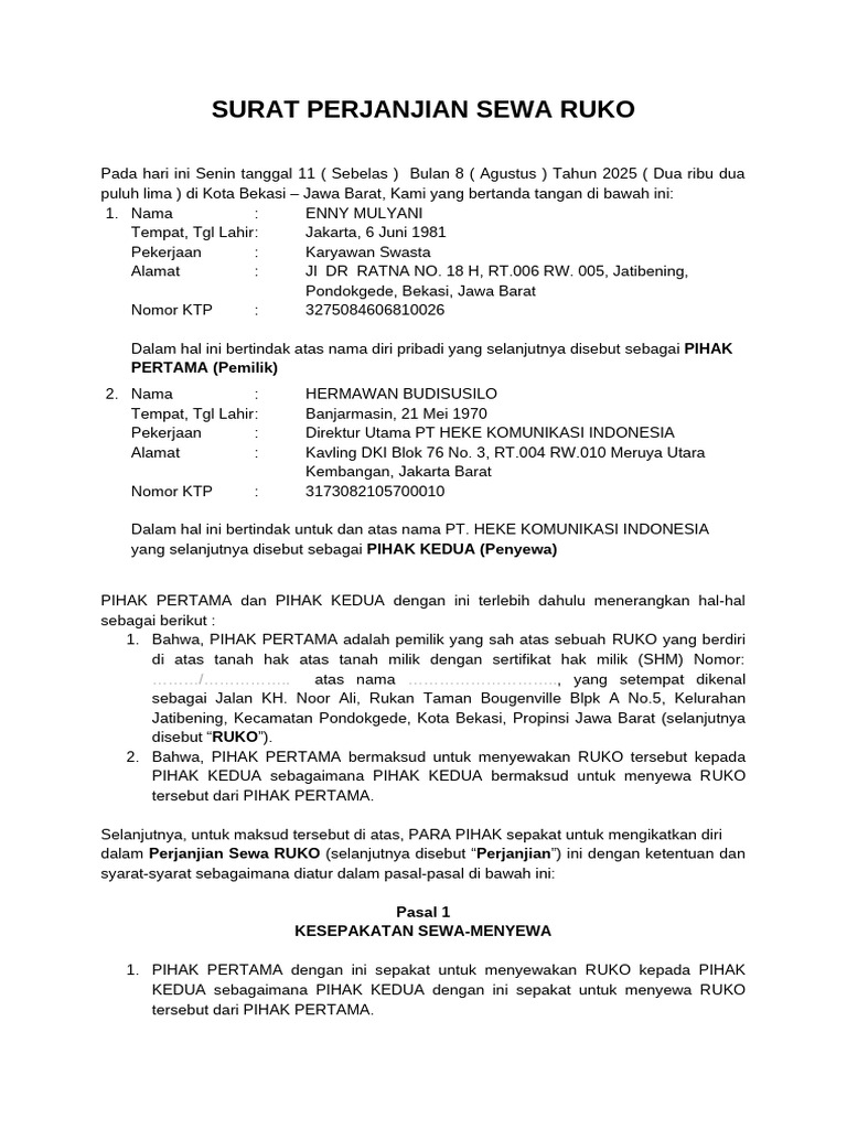 Perjanjian Sewa Ruko Bekasi 2025 | PDF
