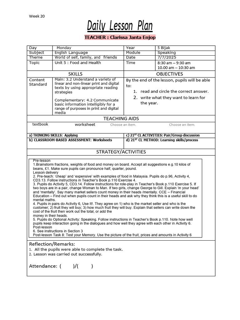 Week 20 English Lesson Plan: Food & Health | PDF | Lesson Plan | Teachers