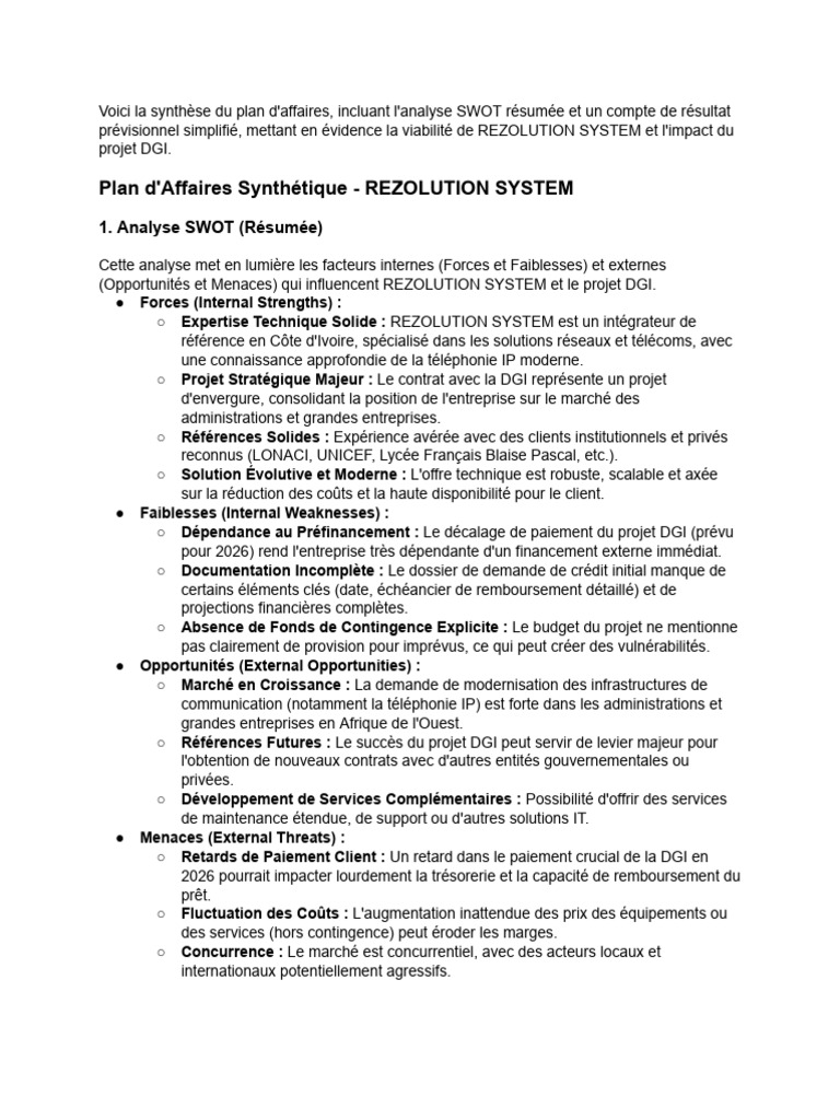 Plan d'Affaires de REZOLUTION SYSTEM | PDF | Analyse SWOT ...