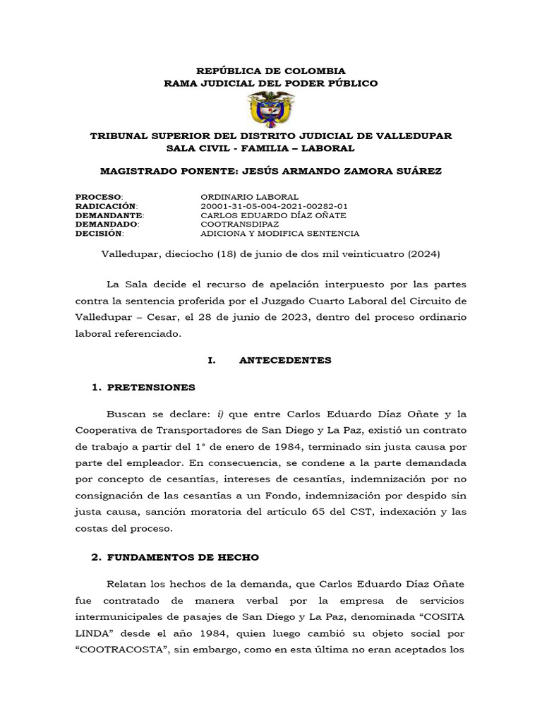 Sentencia de Segunda Instancia Carlos Eduardo Diaz Oñate | PDF ...